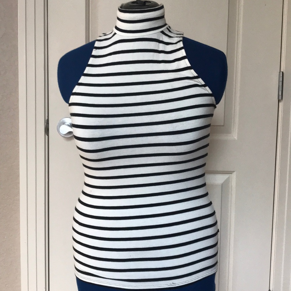 Black + white striped turtleneck tank top